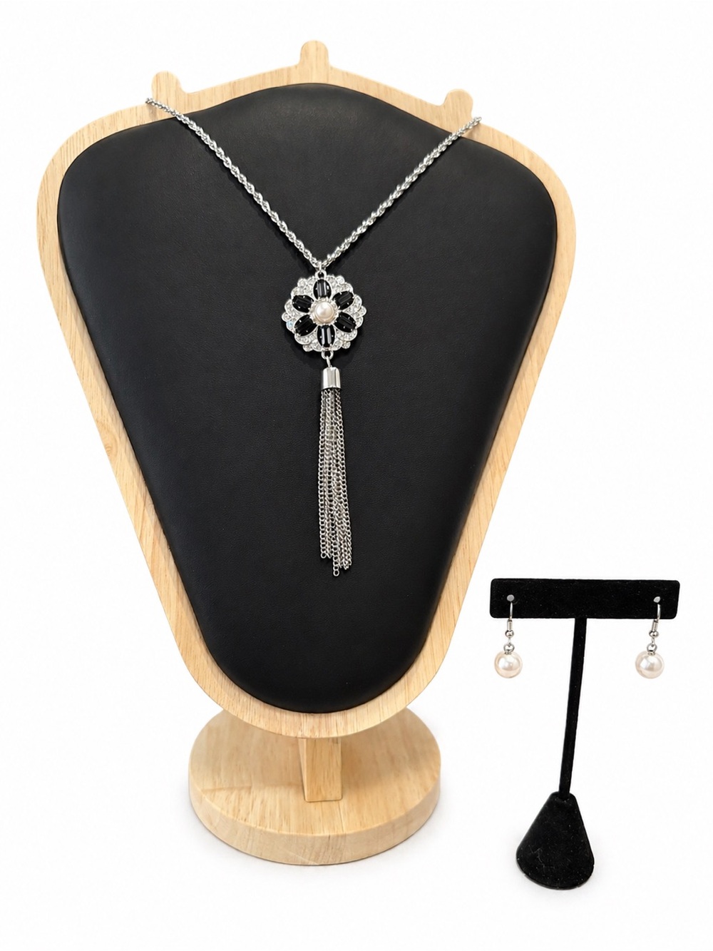 Silver Tassel Pendant Necklace with Black and White Accents and Pearl Earrings